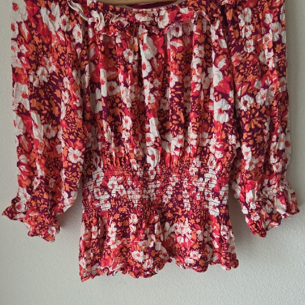 FREE PEOPLE Sweet Memories Pink Multi Floral Print Ruffled Blouse Sz M Boho - Picture 13 of 16